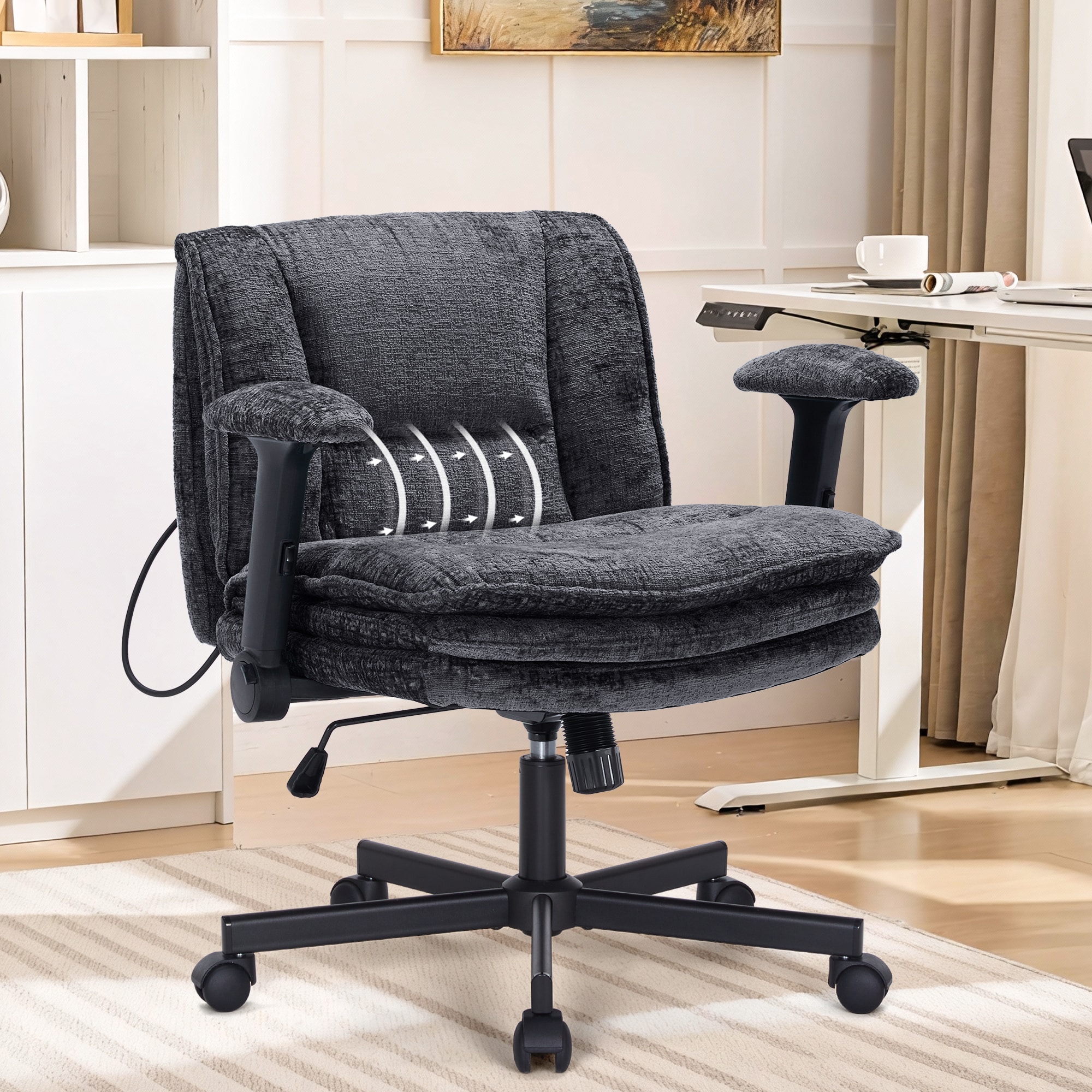 Criss Cross Chair With Wheels And Flip Arms, Upholstered Cross Legged Office Chair With 3 Layer Cushions&Dynamic Airbag Lumbar Support, Wide Seat Comfy Desk Chair For Home Office, Living Room, Black_maomaolike.com